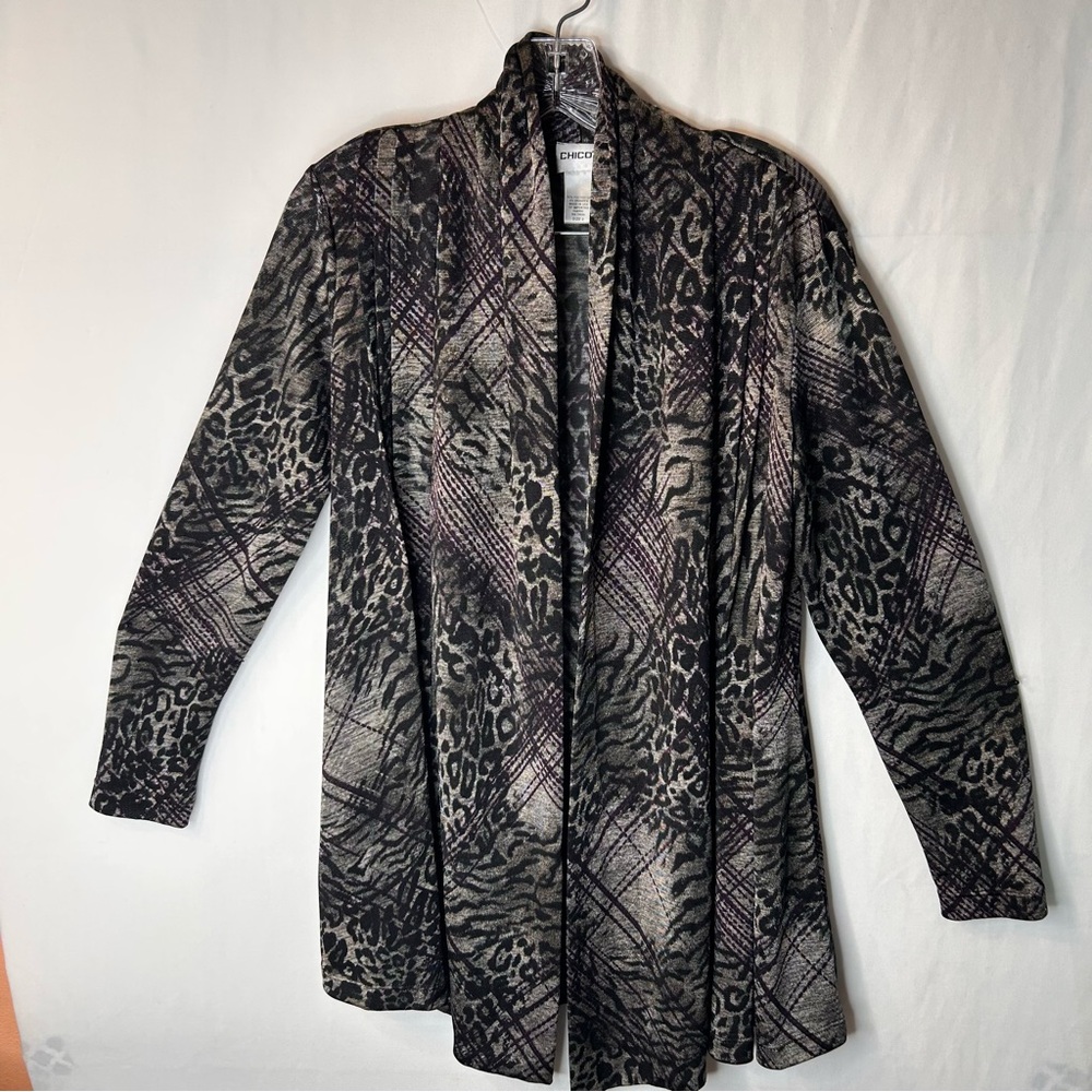 Chico’s Women’s Long Sleeve Cardigan Open Front-Animal Print Black Gray Size 0